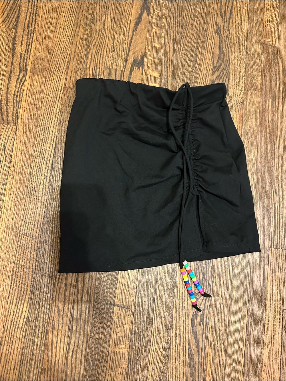 White Fox Black Ruched Mini Skirt with Bead Tie